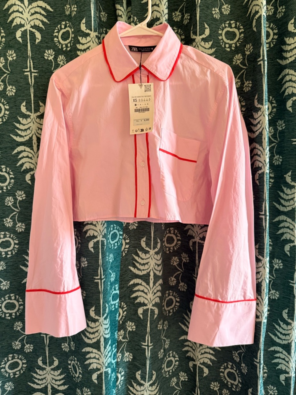 Zara Cropped Pink Button-Up Top with Red Piping Size XS NWT - Picture 10 of 11